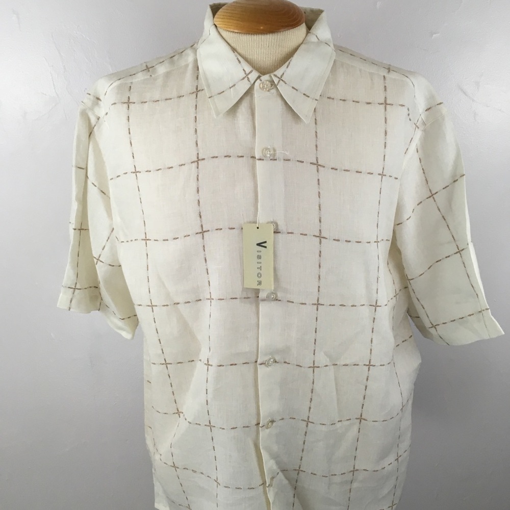 Visitor button down 100% washable linen cream tan XL shot sleeves casual shirt